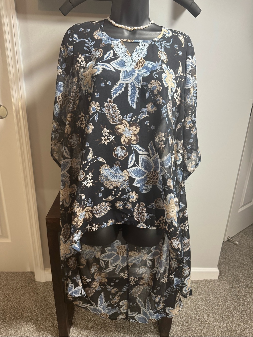 ONE WORLD Black Floral Tunic with Blue and Cream Accents - Picture 1 of 3